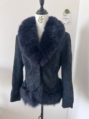 Vintage Navy Blue Suede Jacket w Real Fox Fur Collar & Hem Lace Boho Luxury M-L